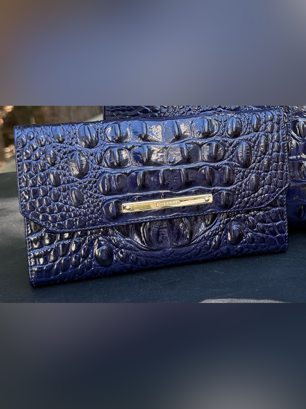 Brahmin Glossy Croc-Embossed Checkbook in Navy with Gold Hardware